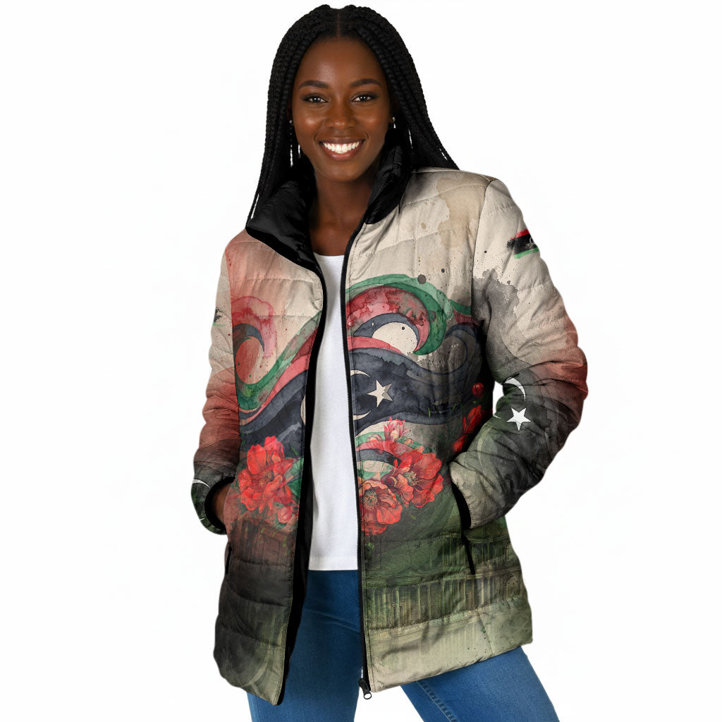 Libya Revolution Day Padded Jacket Libyan National Pride Watercolor Flag Waves Floral