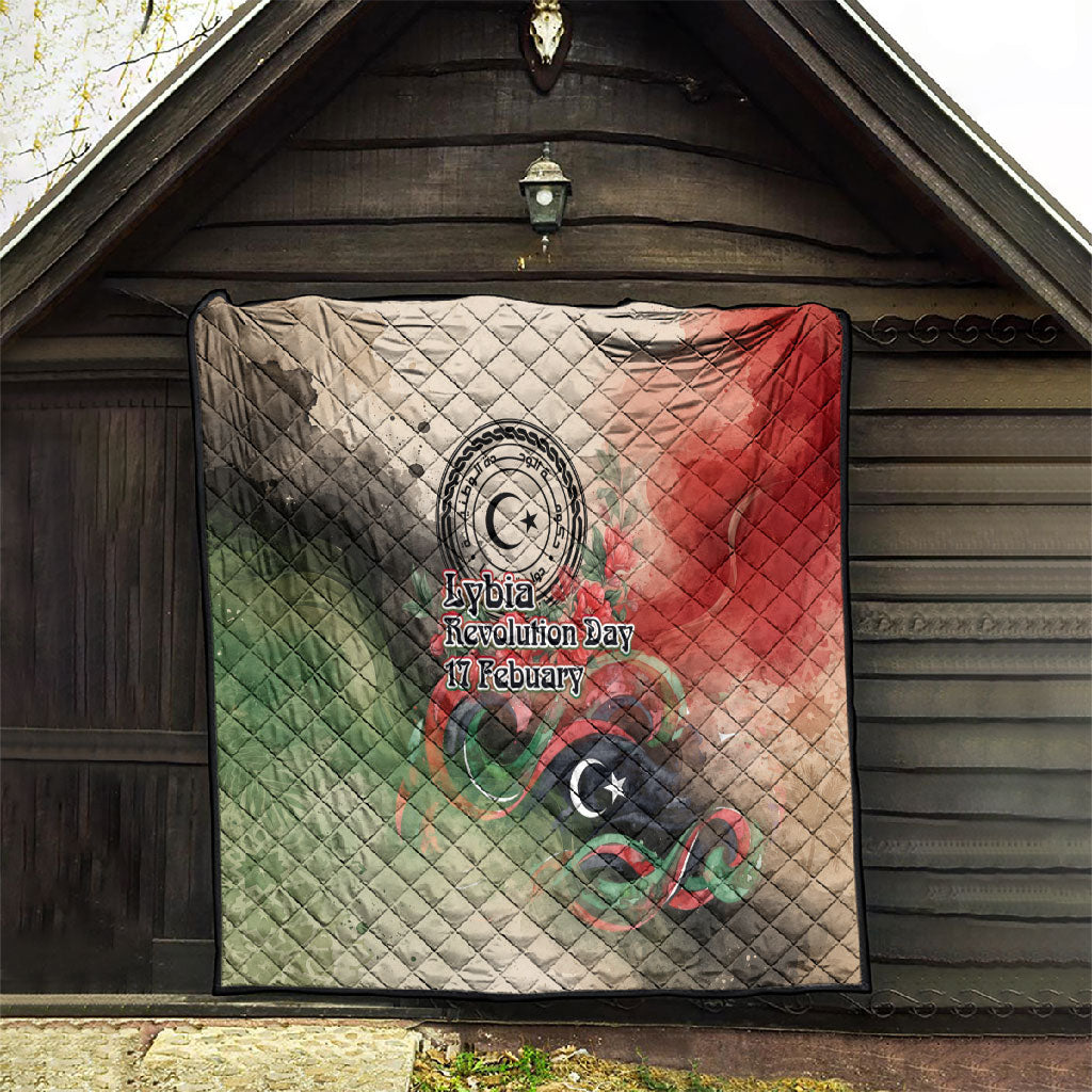 Libya Revolution Day Quilt Libyan National Pride Watercolor Flag Waves Floral