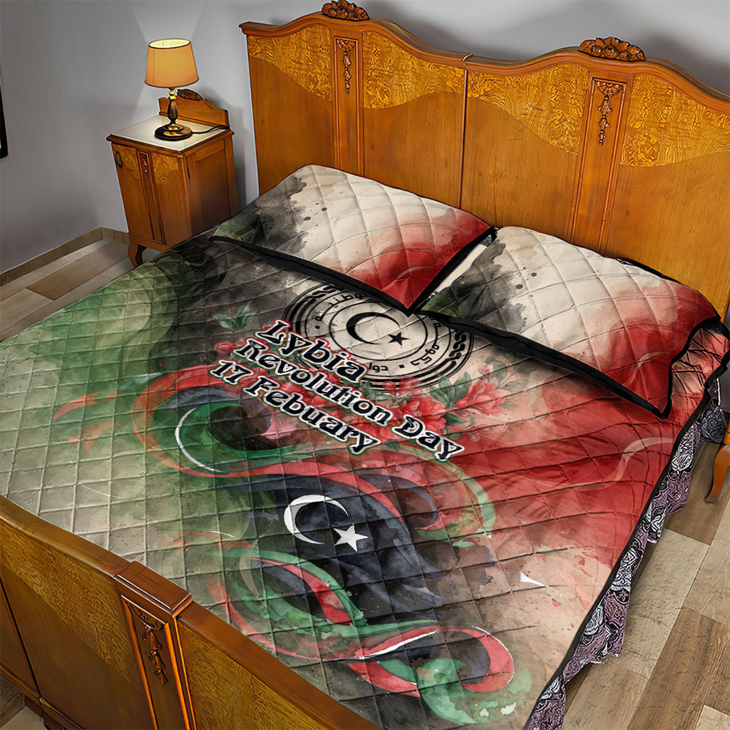 Libya Revolution Day Quilt Bed Set Libyan National Pride Watercolor Flag Waves Floral