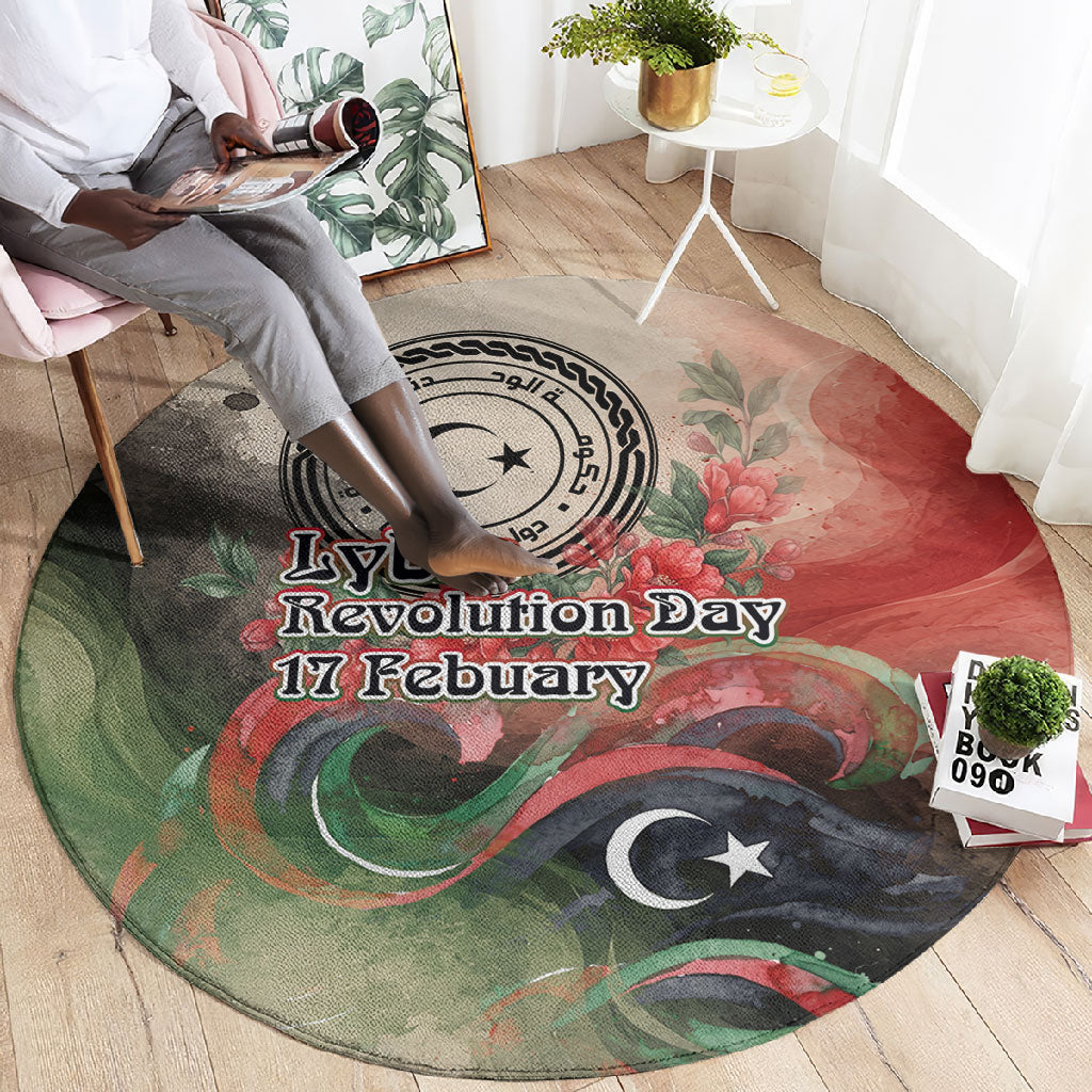 Libya Revolution Day Round Carpet Libyan National Pride Watercolor Flag Waves Floral