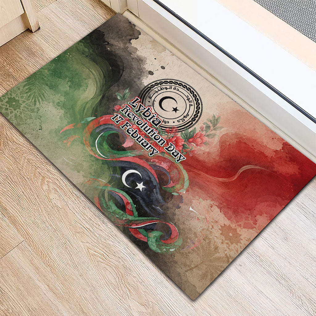 Libya Revolution Day Rubber Doormat Libyan National Pride Watercolor Flag Waves Floral