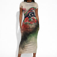 Libya Revolution Day Short Sleeve Bodycon Dress Libyan National Pride Watercolor Flag Waves Floral