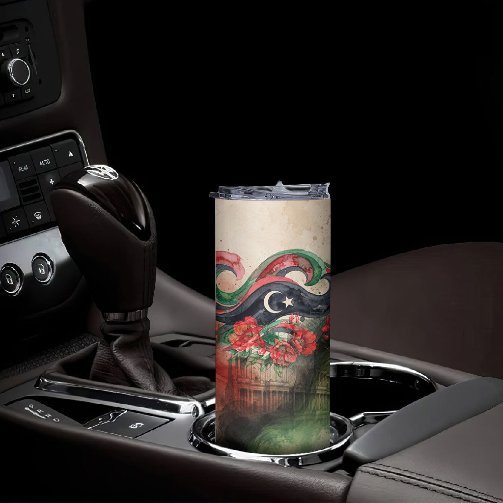Libya Revolution Day Skinny Tumbler Libyan National Pride Watercolor Flag Waves Floral