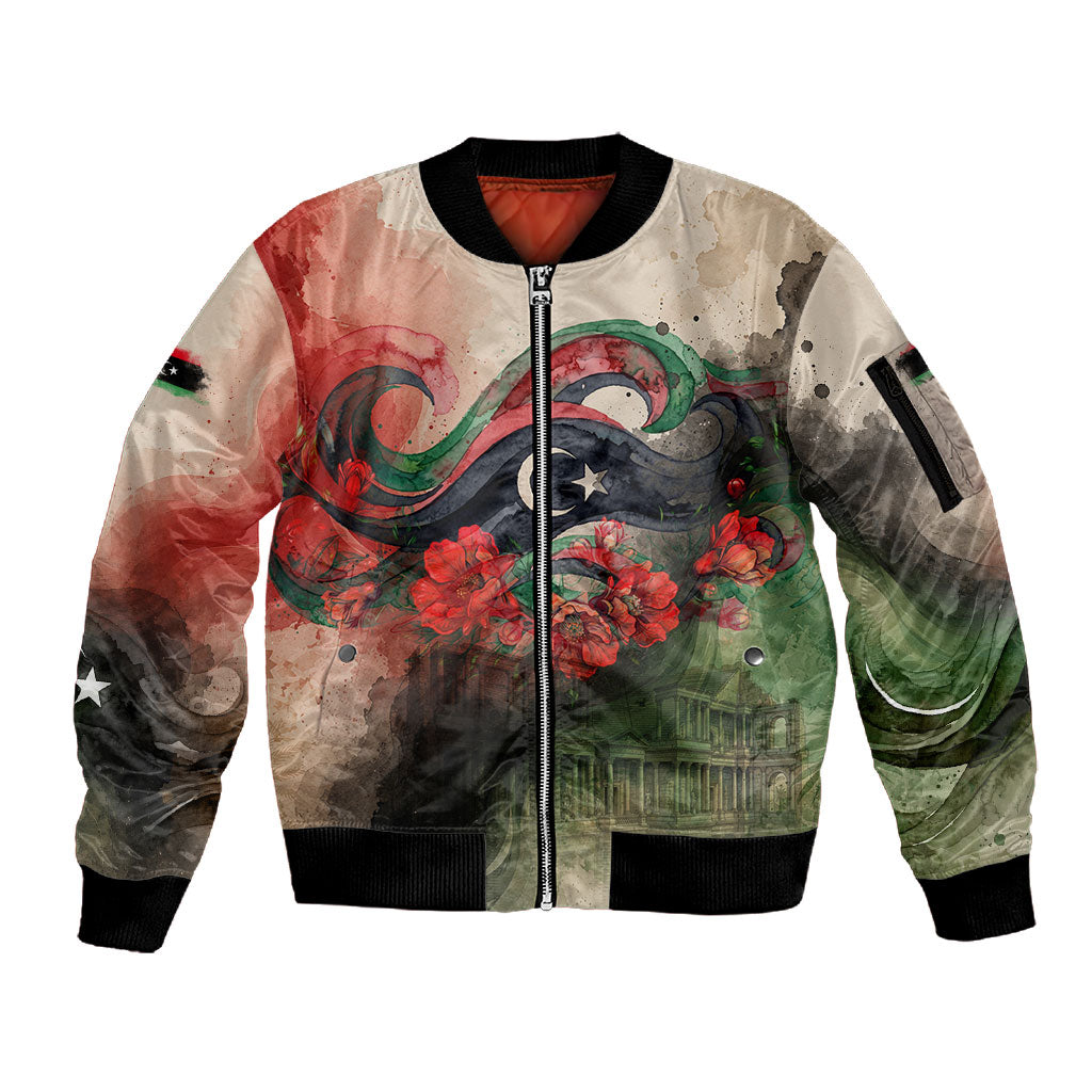 Libya Revolution Day Sleeve Zip Bomber Jacket Libyan National Pride Watercolor Flag Waves Floral