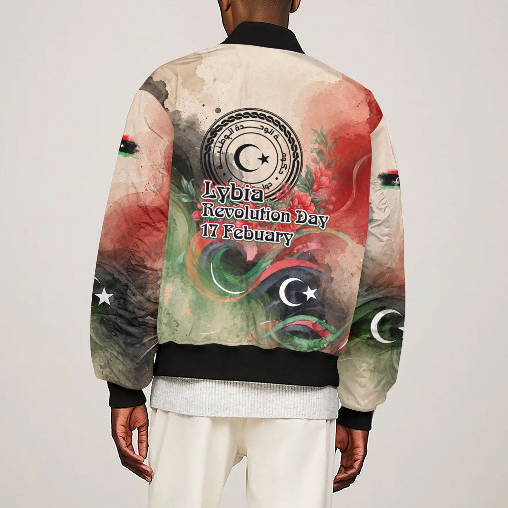 Libya Revolution Day Sleeve Zip Bomber Jacket Libyan National Pride Watercolor Flag Waves Floral
