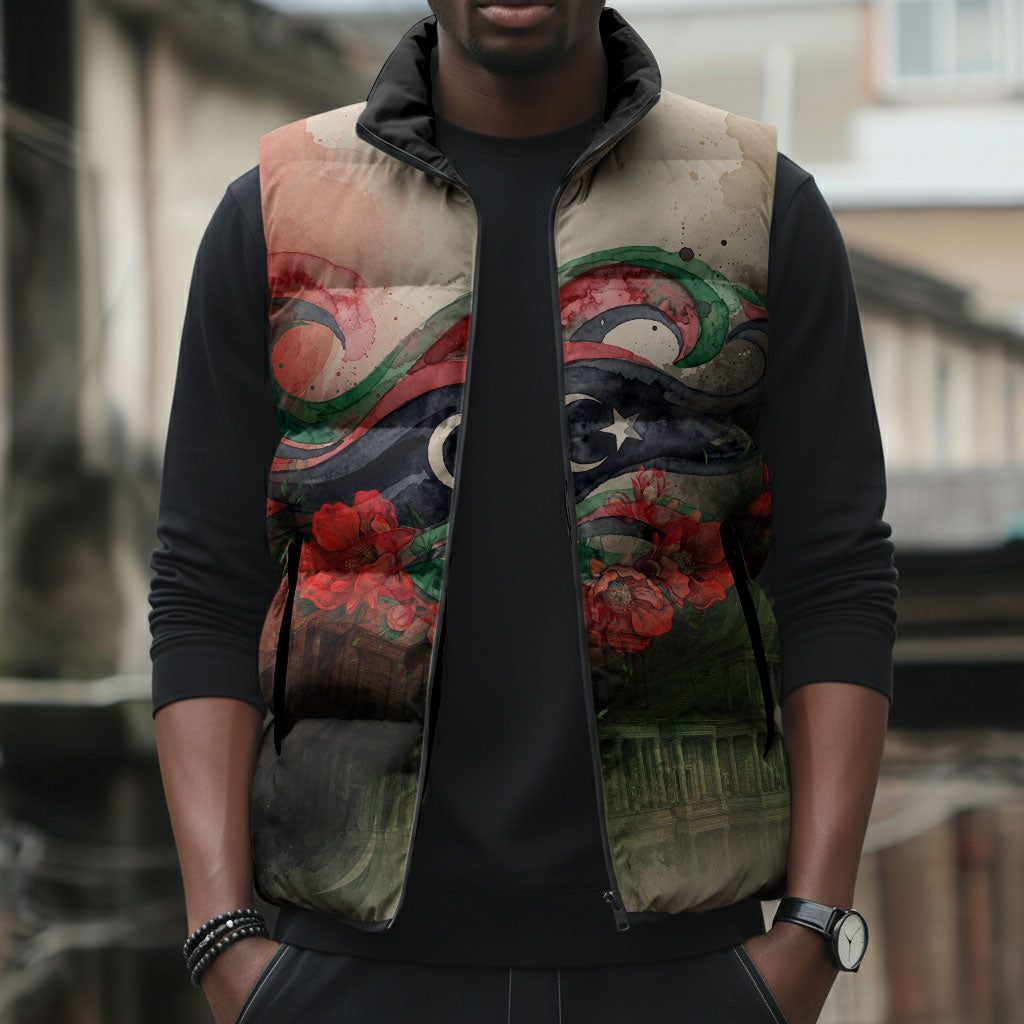 Libya Revolution Day Sleeveless Puffer Jacket Libyan National Pride Watercolor Flag Waves Floral