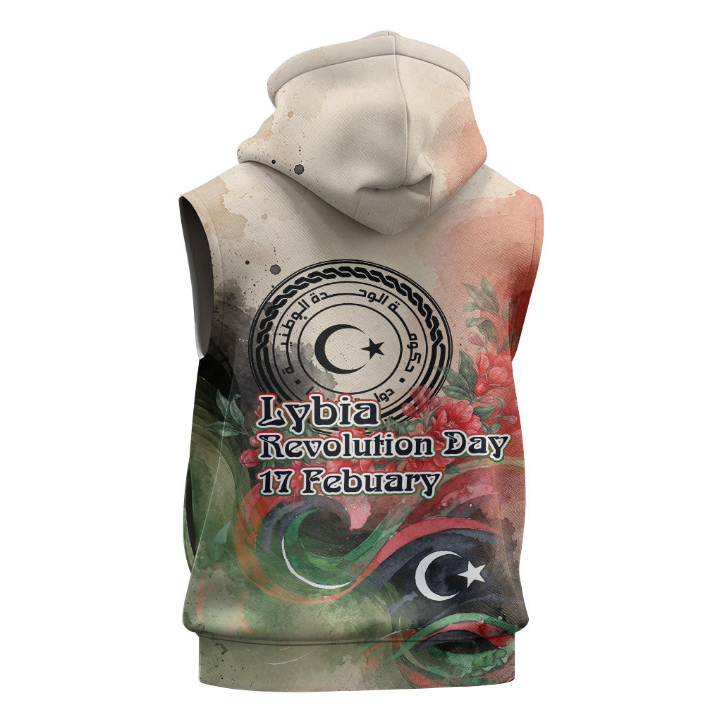 Libya Revolution Day Sleeveless Zip Hoodie Libyan National Pride Watercolor Flag Waves Floral