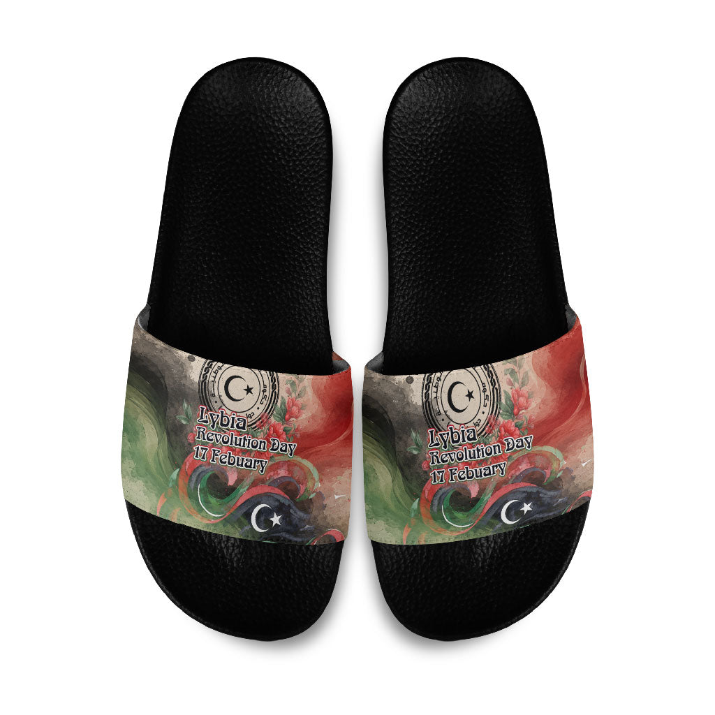 Libya Revolution Day Slide Sandals Libyan National Pride Watercolor Flag Waves Floral
