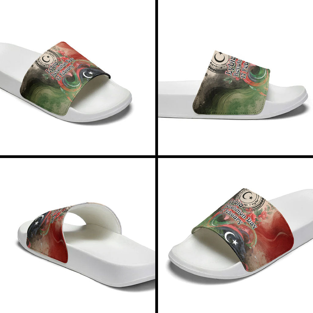 Libya Revolution Day Slide Sandals Libyan National Pride Watercolor Flag Waves Floral