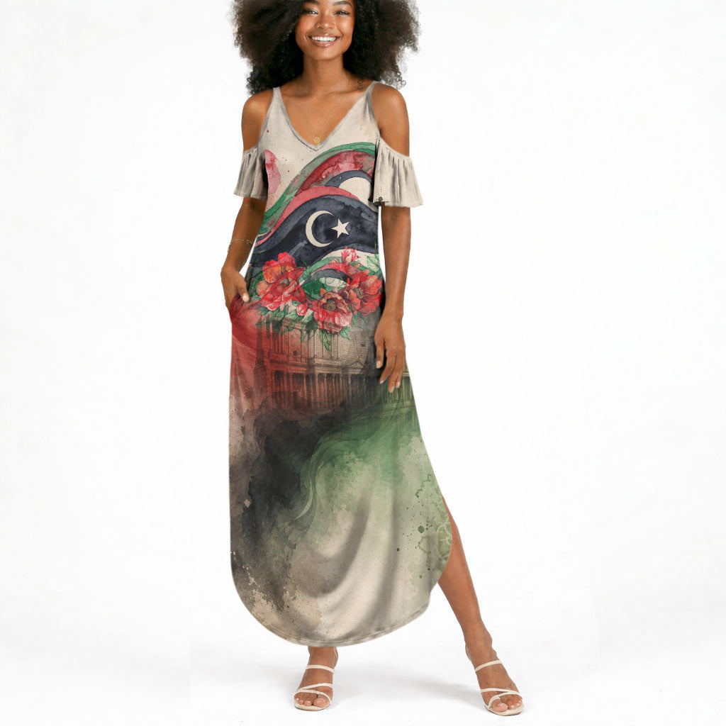 Libya Revolution Day Summer Maxi Dress Libyan National Pride Watercolor Flag Waves Floral
