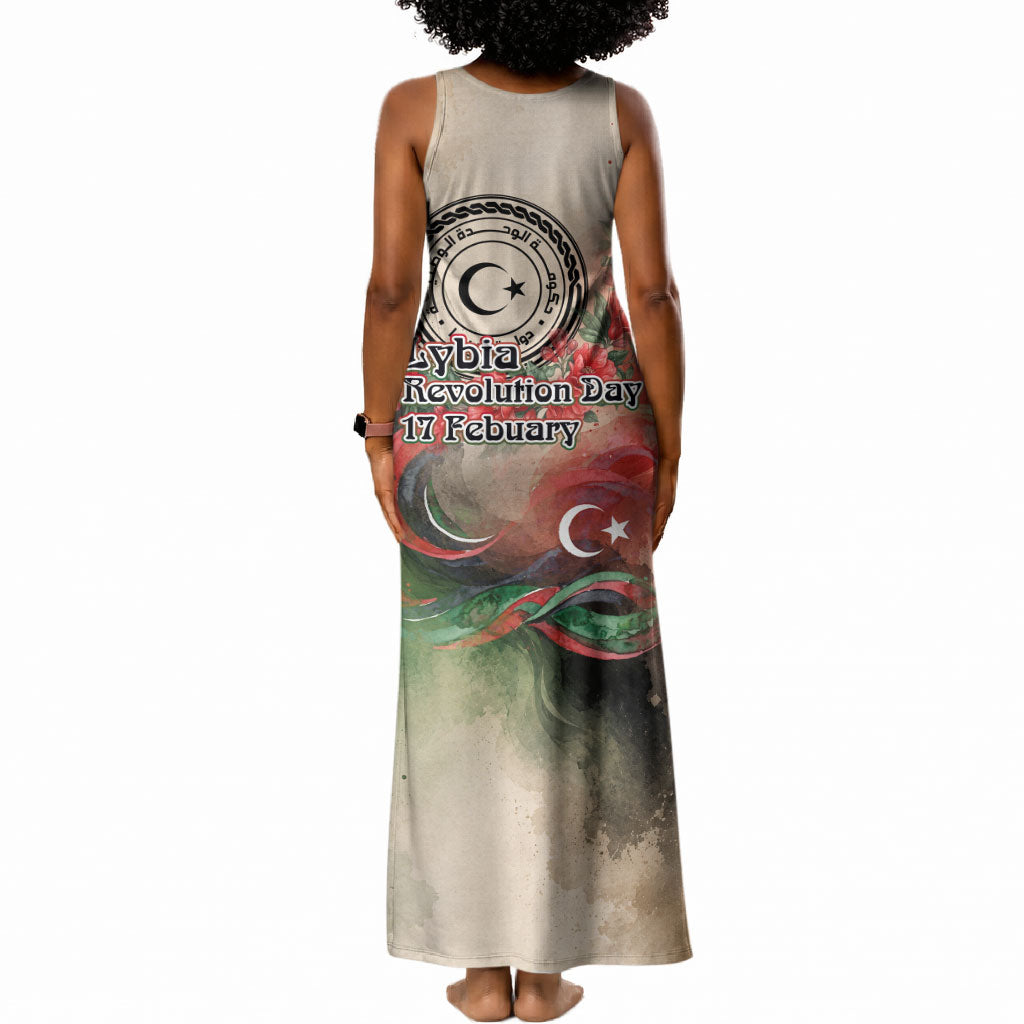 Libya Revolution Day Tank Maxi Dress Libyan National Pride Watercolor Flag Waves Floral