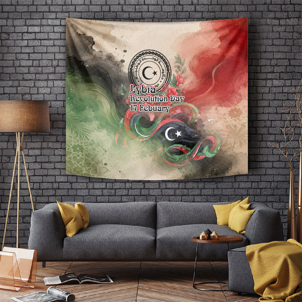Libya Revolution Day Tapestry Libyan National Pride Watercolor Flag Waves Floral