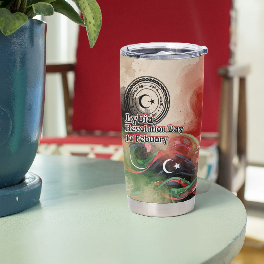 Libya Revolution Day Tumbler Cup Libyan National Pride Watercolor Flag Waves Floral
