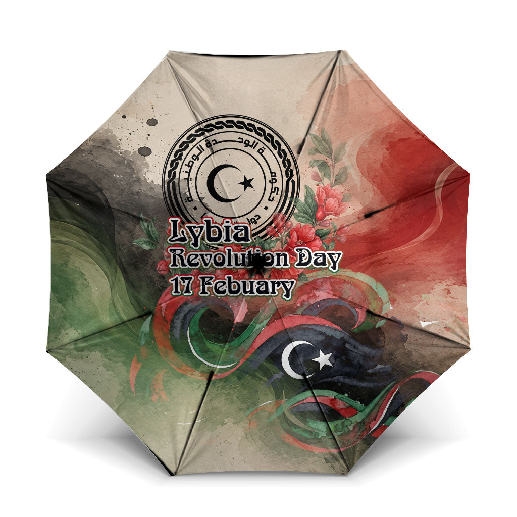 Libya Revolution Day Umbrella Libyan National Pride Watercolor Flag Waves Floral
