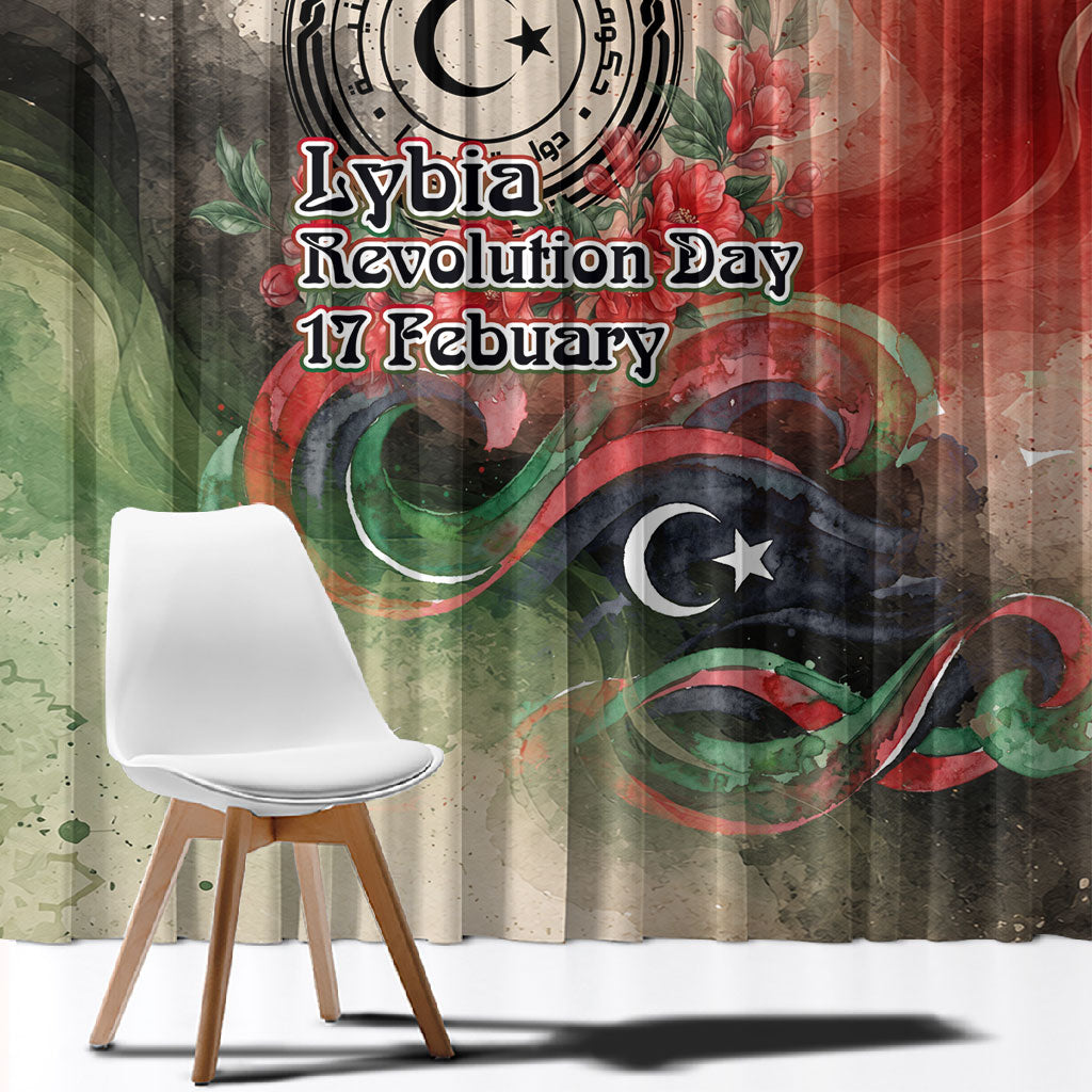 Libya Revolution Day Window Curtain Libyan National Pride Watercolor Flag Waves Floral