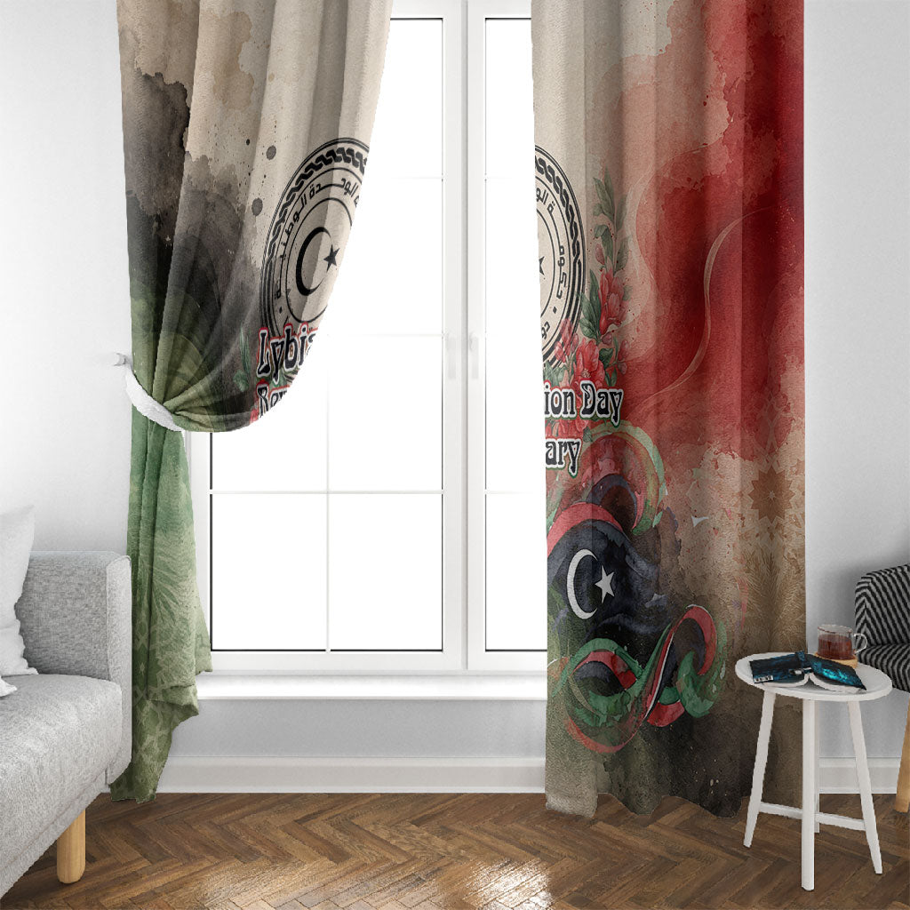 Libya Revolution Day Window Curtain Libyan National Pride Watercolor Flag Waves Floral