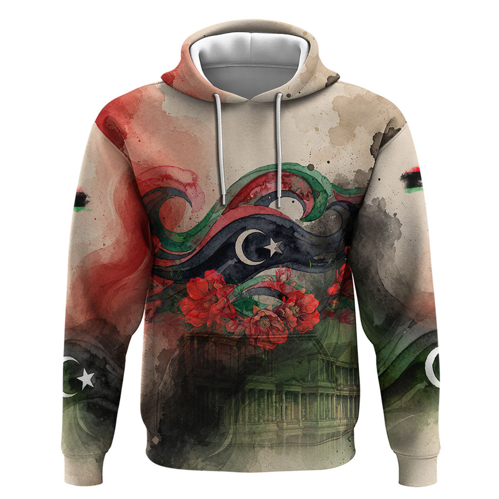Libya Revolution Day Zip Hoodie Libyan National Pride Watercolor Flag Waves Floral
