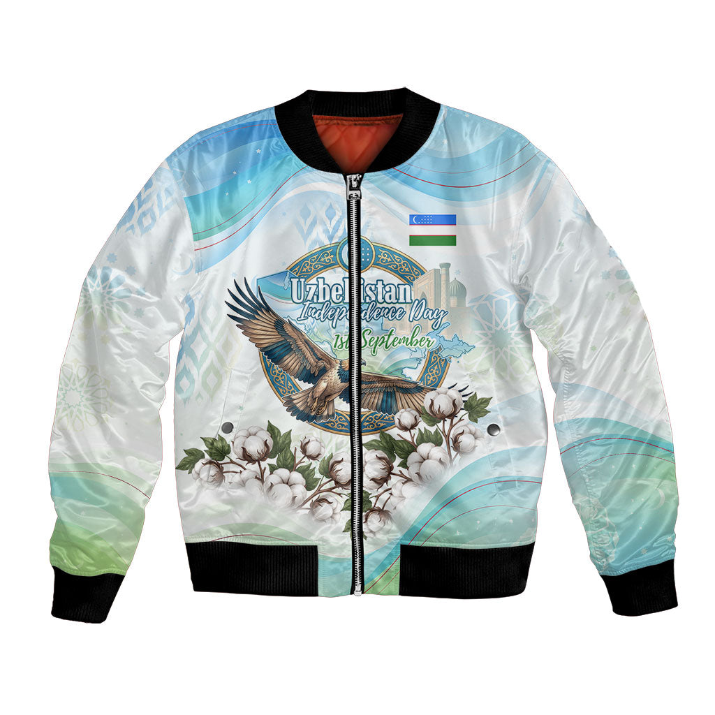 Uzbekistan Independence Day Bomber Jacket Honor The Legacy Flying Eagle Plants National Emblem