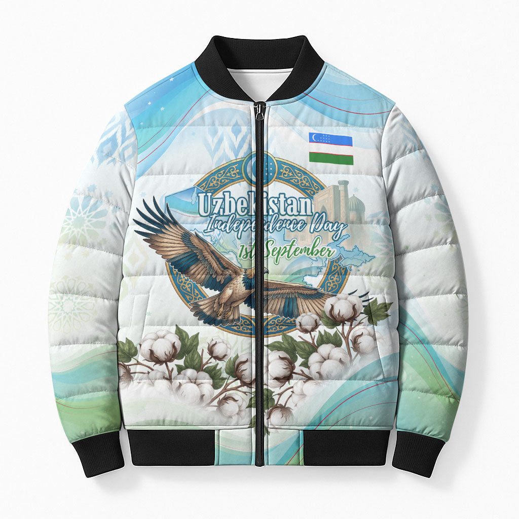 Uzbekistan Independence Day Bomber Puffer Jacket Honor The Legacy Flying Eagle Plants National Emblem