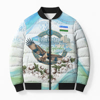 Uzbekistan Independence Day Bomber Puffer Jacket Honor The Legacy Flying Eagle Plants National Emblem