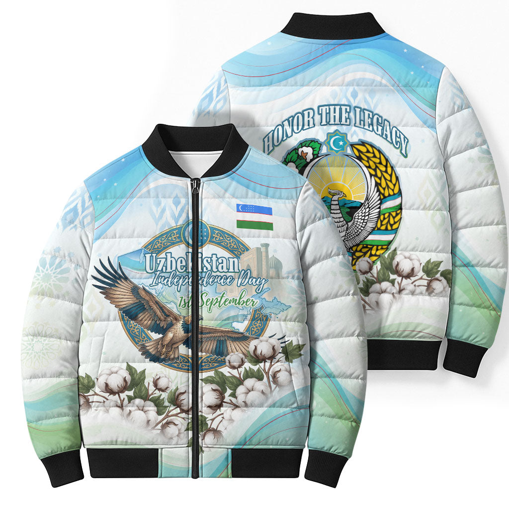 Uzbekistan Independence Day Bomber Puffer Jacket Honor The Legacy Flying Eagle Plants National Emblem