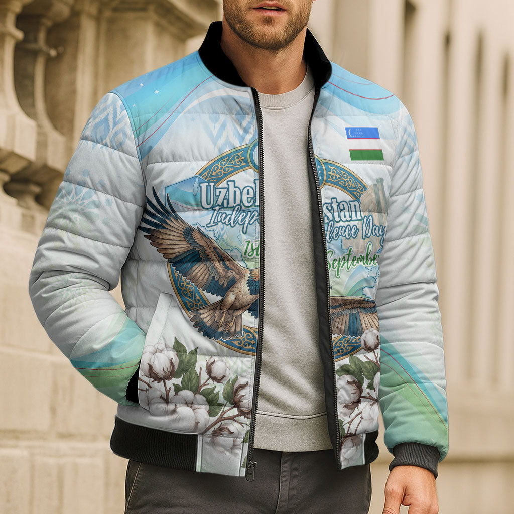 Uzbekistan Independence Day Bomber Puffer Jacket Honor The Legacy Flying Eagle Plants National Emblem