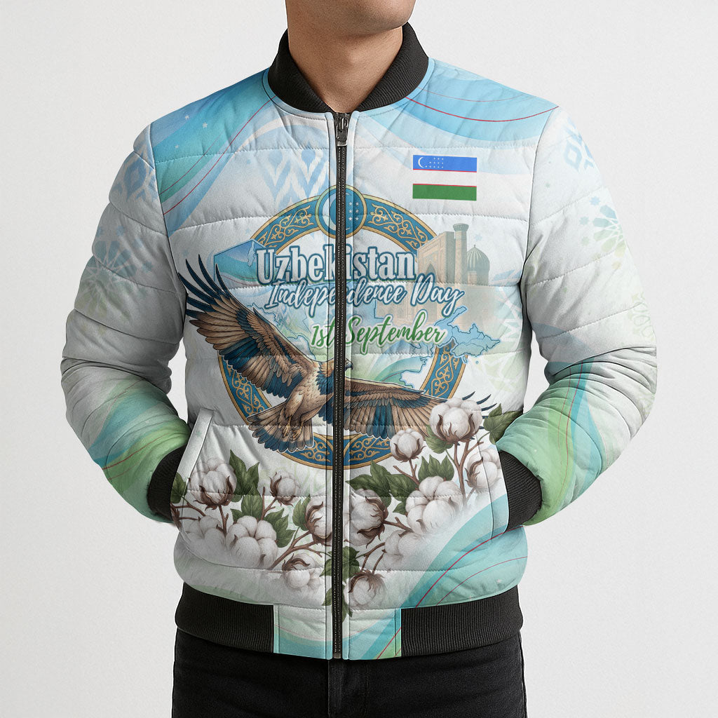 Uzbekistan Independence Day Bomber Puffer Jacket Honor The Legacy Flying Eagle Plants National Emblem