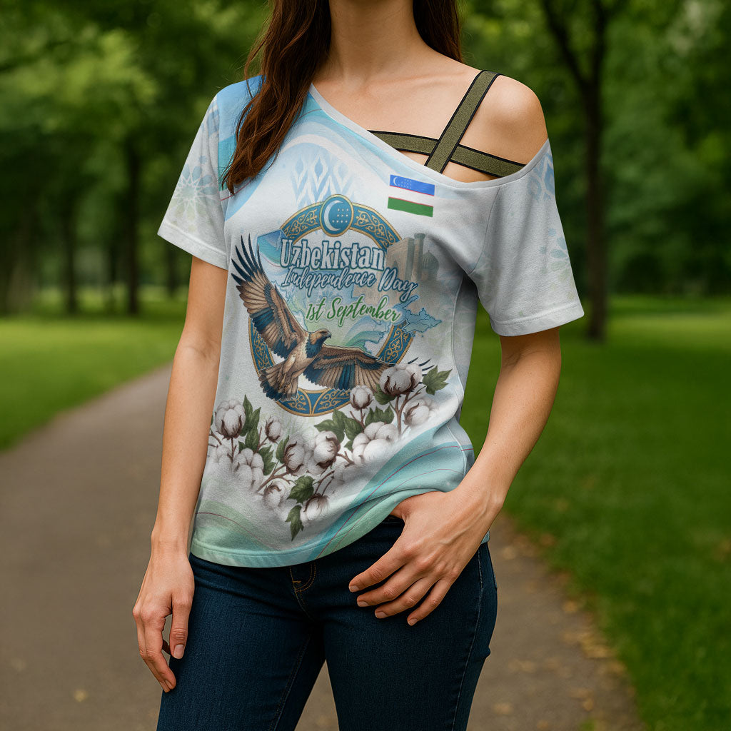 Uzbekistan Independence Day Cross Shoulder Shirt Honor The Legacy Flying Eagle Plants National Emblem