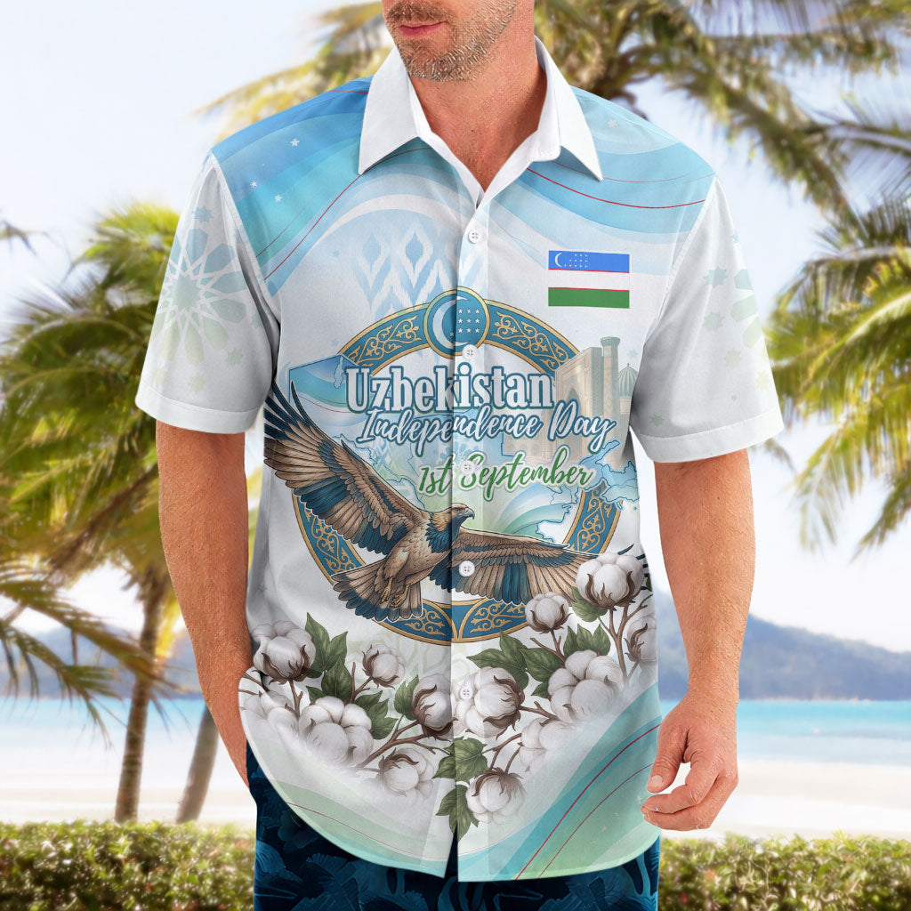 Uzbekistan Independence Day Hawaiian Shirt Honor The Legacy Flying Eagle Plants National Emblem