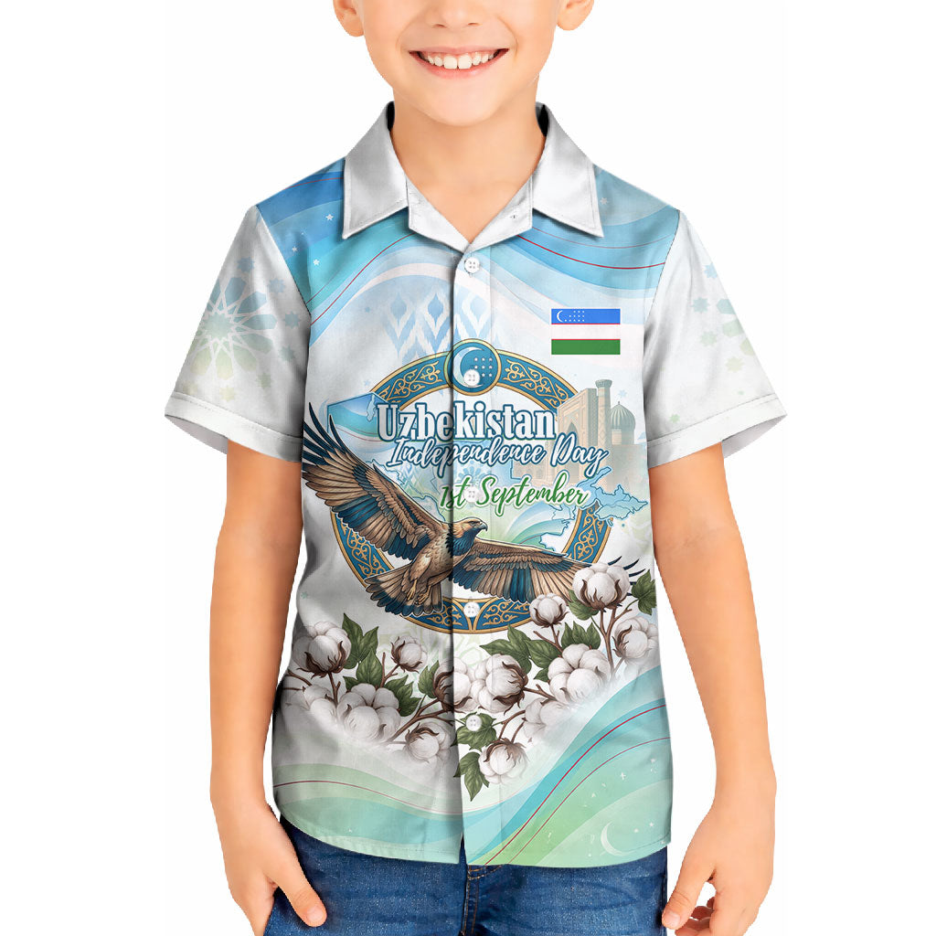 Uzbekistan Independence Day Kid Hawaiian Shirt Honor The Legacy Flying Eagle Plants National Emblem