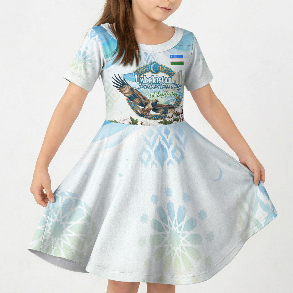 Uzbekistan Independence Day Kid Short Sleeve Dress Honor The Legacy Flying Eagle Plants National Emblem