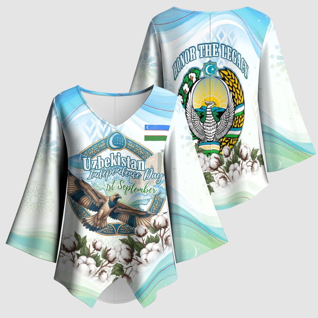 Uzbekistan Independence Day Kimono Sleeve Blouse Honor The Legacy Flying Eagle Plants National Emblem
