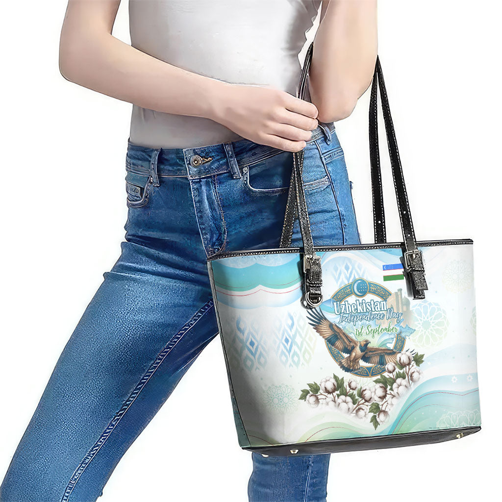 Uzbekistan Independence Day Leather Tote Bag Honor The Legacy Flying Eagle Plants National Emblem