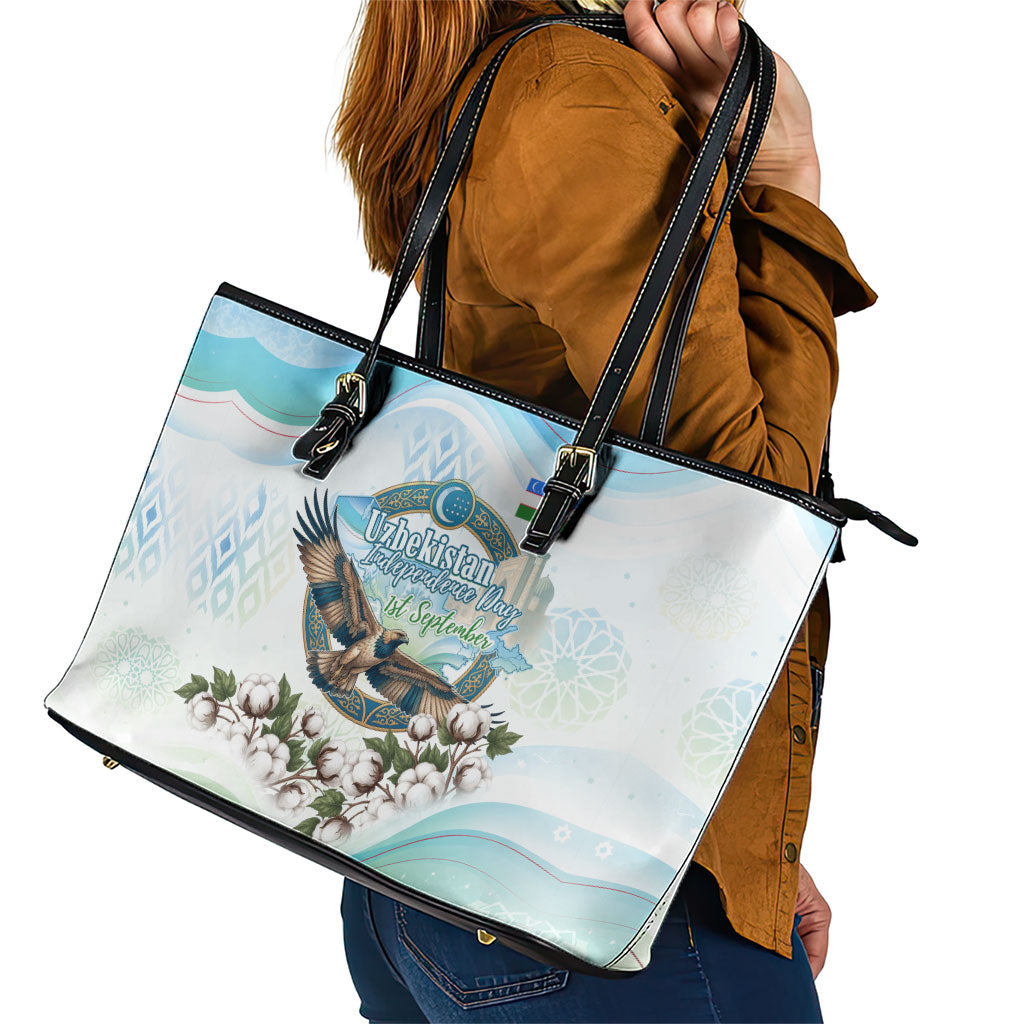 Uzbekistan Independence Day Leather Tote Bag Honor The Legacy Flying Eagle Plants National Emblem