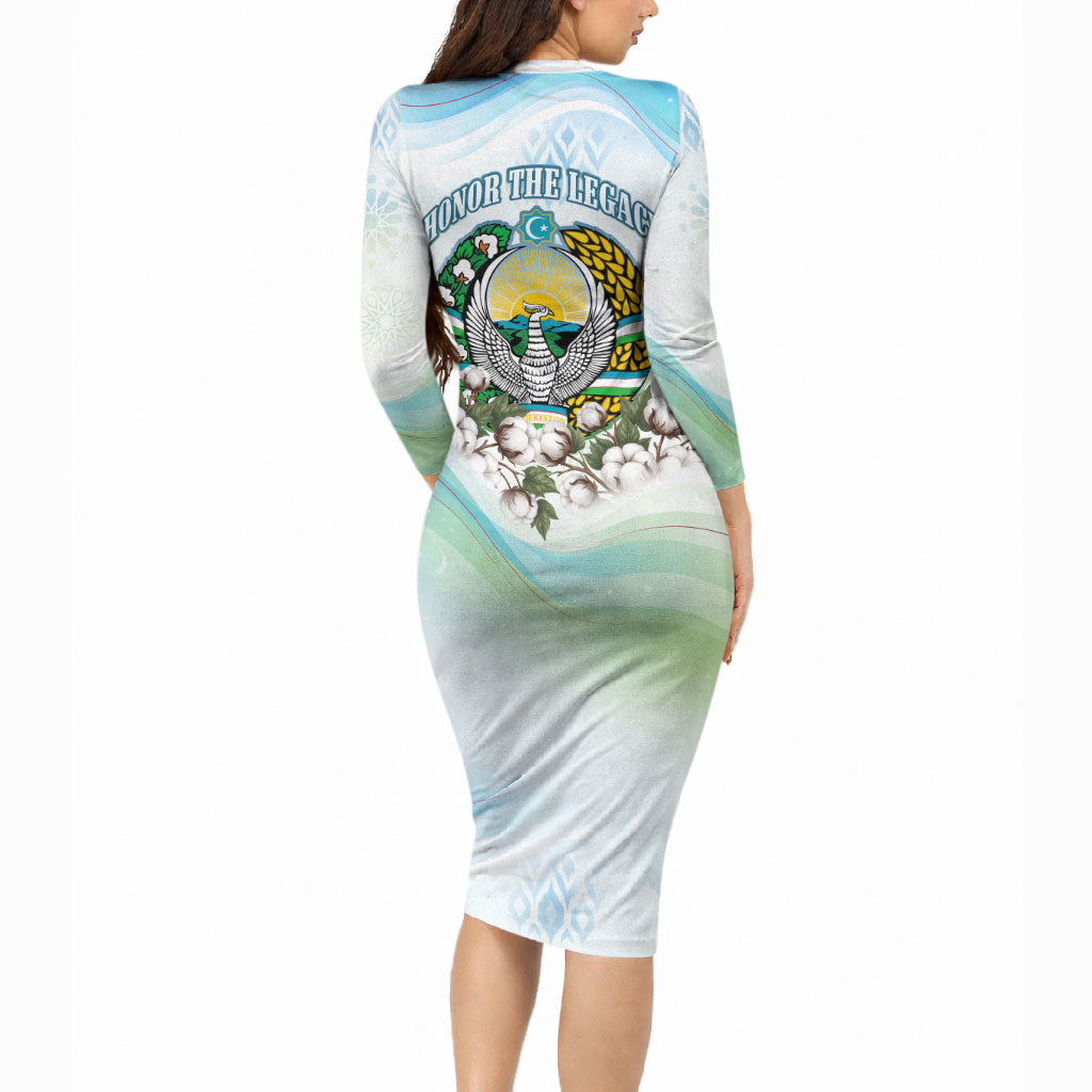 Uzbekistan Independence Day Long Sleeve Bodycon Dress Honor The Legacy Flying Eagle Plants National Emblem