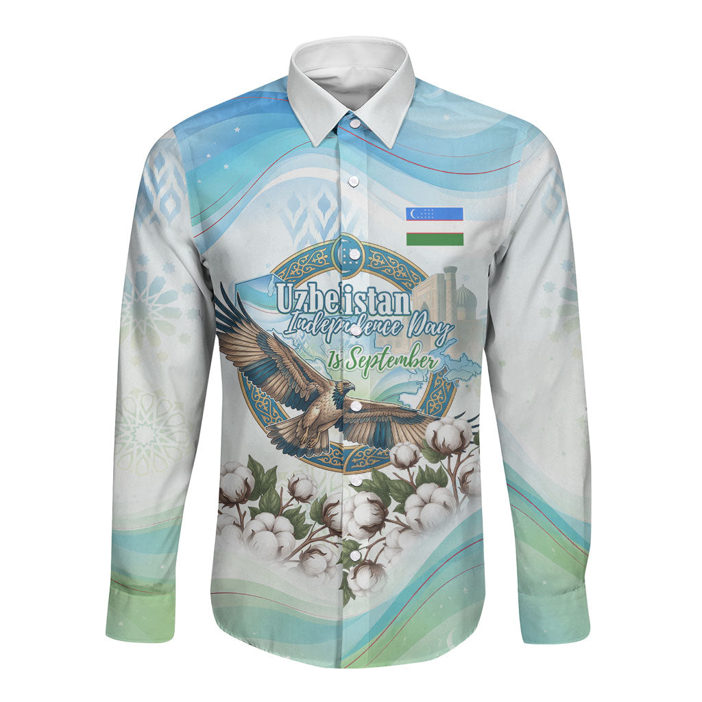 Uzbekistan Independence Day Long Sleeve Button Shirt Honor The Legacy Flying Eagle Plants National Emblem
