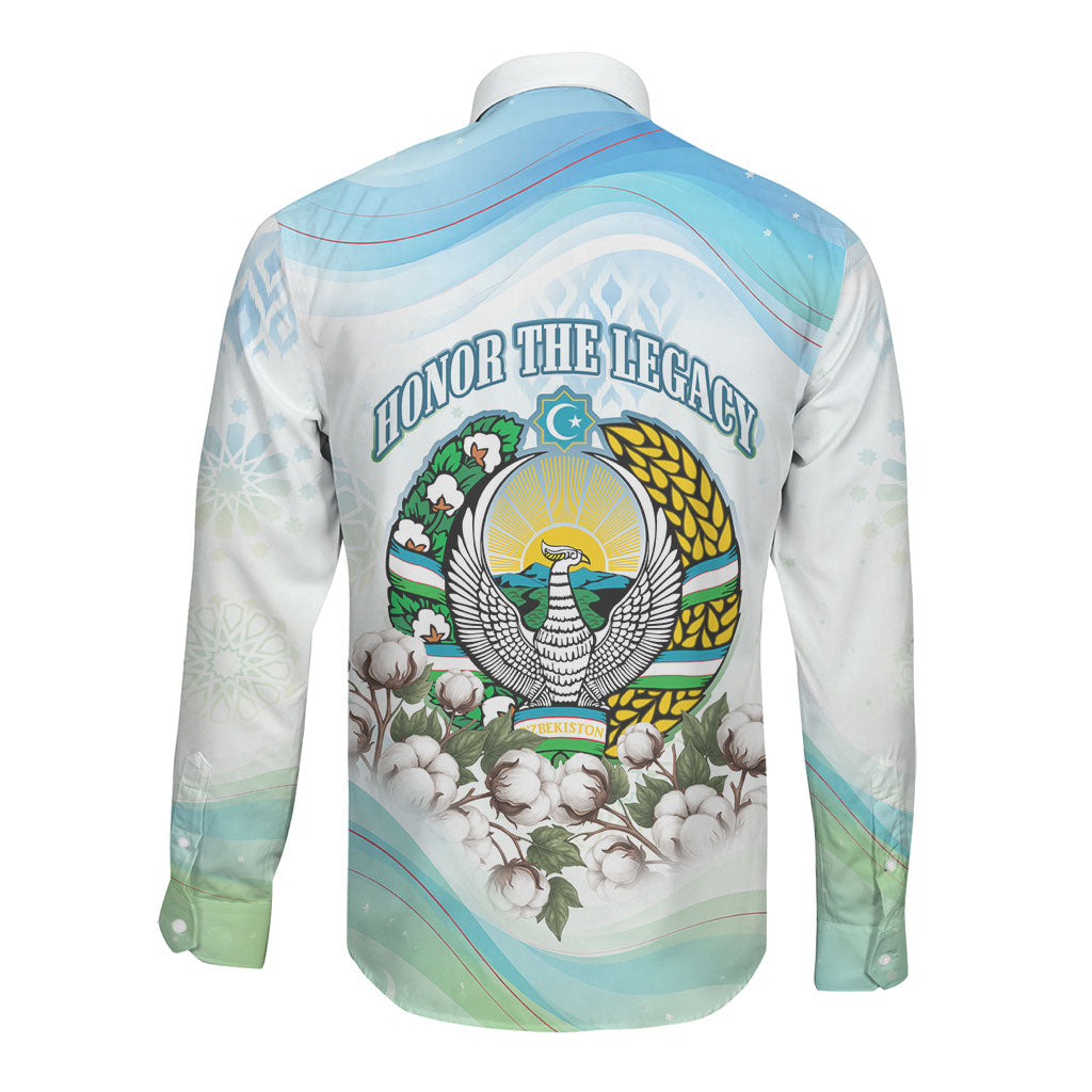 Uzbekistan Independence Day Long Sleeve Button Shirt Honor The Legacy Flying Eagle Plants National Emblem