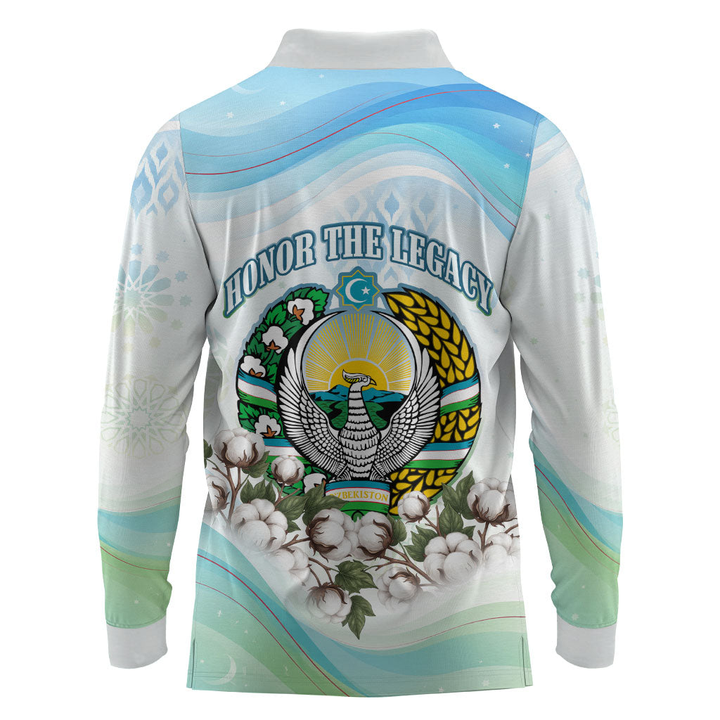 Uzbekistan Independence Day Long Sleeve Polo Shirt Honor The Legacy Flying Eagle Plants National Emblem