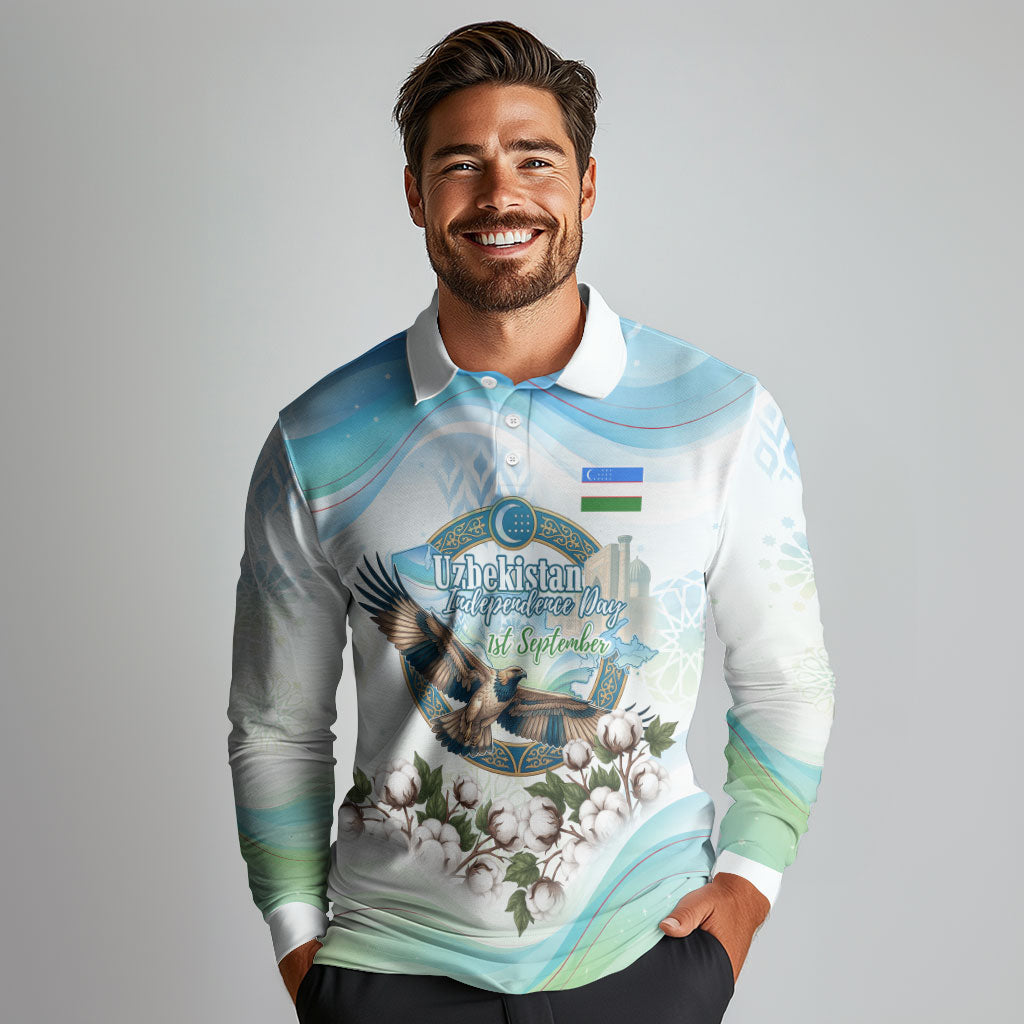 Uzbekistan Independence Day Long Sleeve Polo Shirt Honor The Legacy Flying Eagle Plants National Emblem