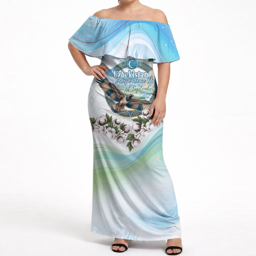 Uzbekistan Independence Day Off Shoulder Maxi Dress Honor The Legacy Flying Eagle Plants National Emblem