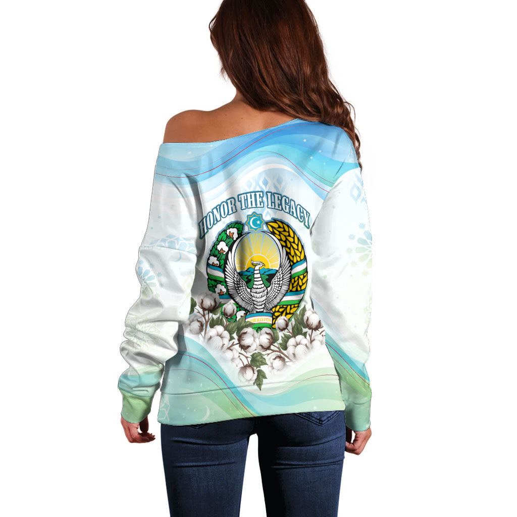 Uzbekistan Independence Day Off Shoulder Sweater Honor The Legacy Flying Eagle Plants National Emblem