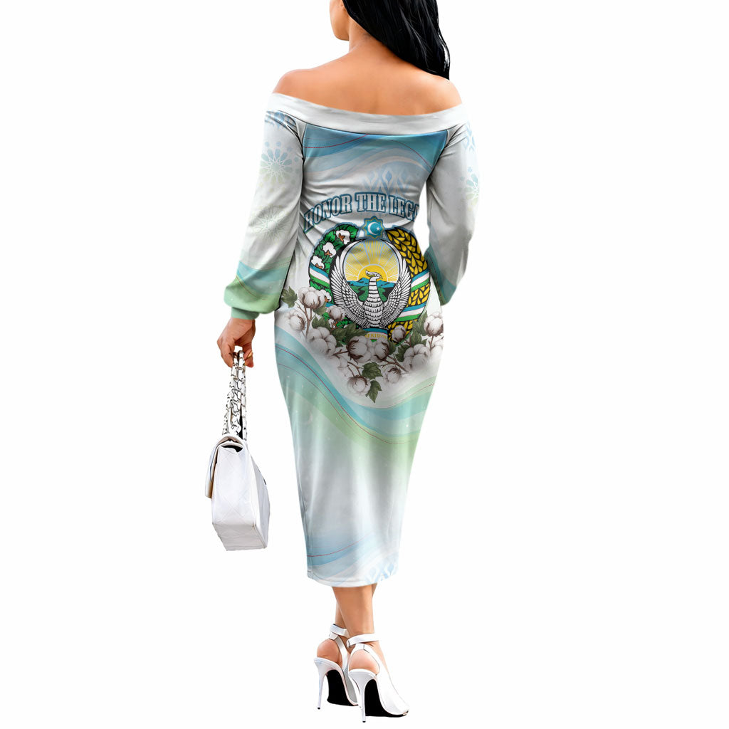 Uzbekistan Independence Day Off The Shoulder Long Sleeve Dress Honor The Legacy Flying Eagle Plants National Emblem