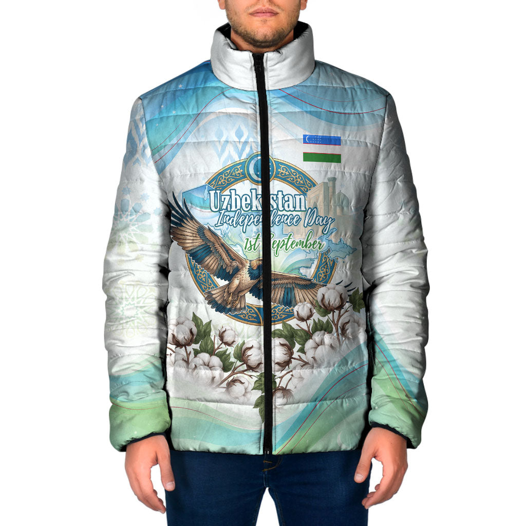 Uzbekistan Independence Day Padded Jacket Honor The Legacy Flying Eagle Plants National Emblem