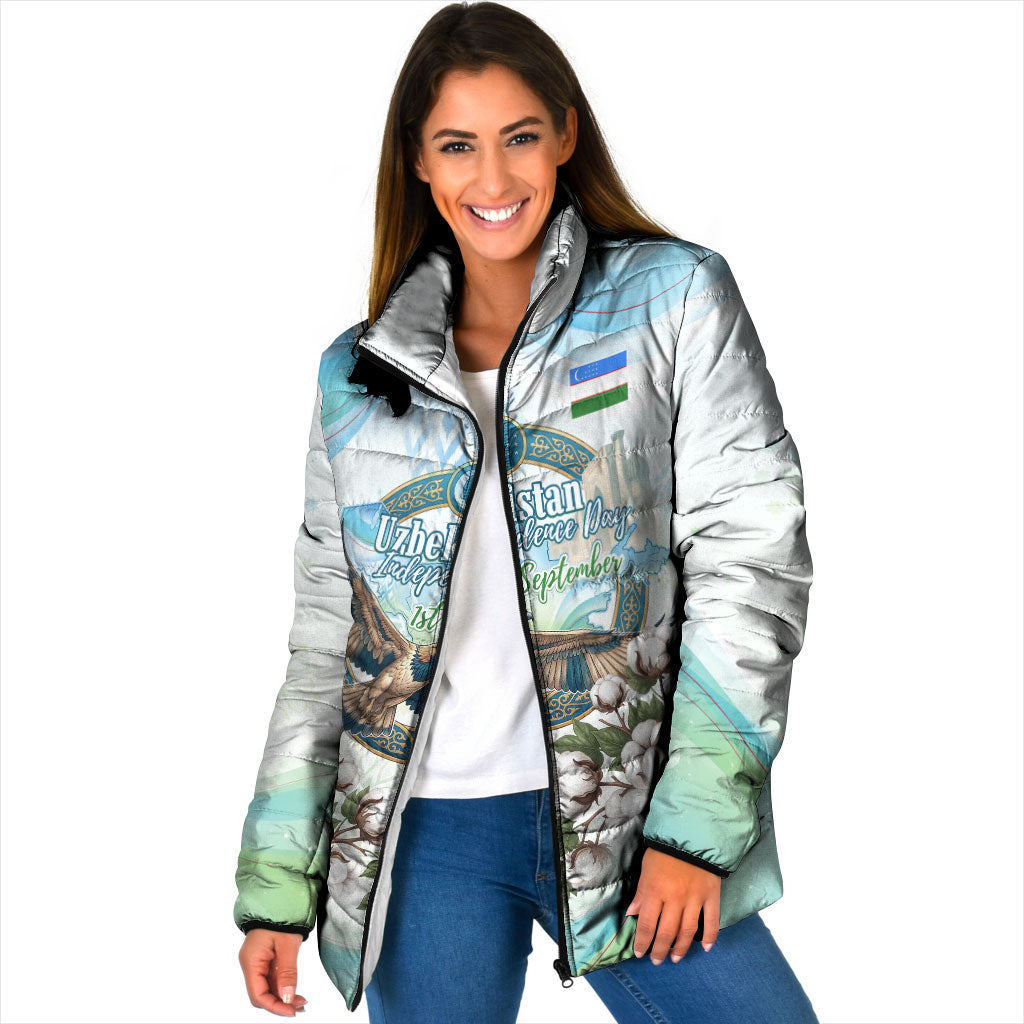 Uzbekistan Independence Day Padded Jacket Honor The Legacy Flying Eagle Plants National Emblem