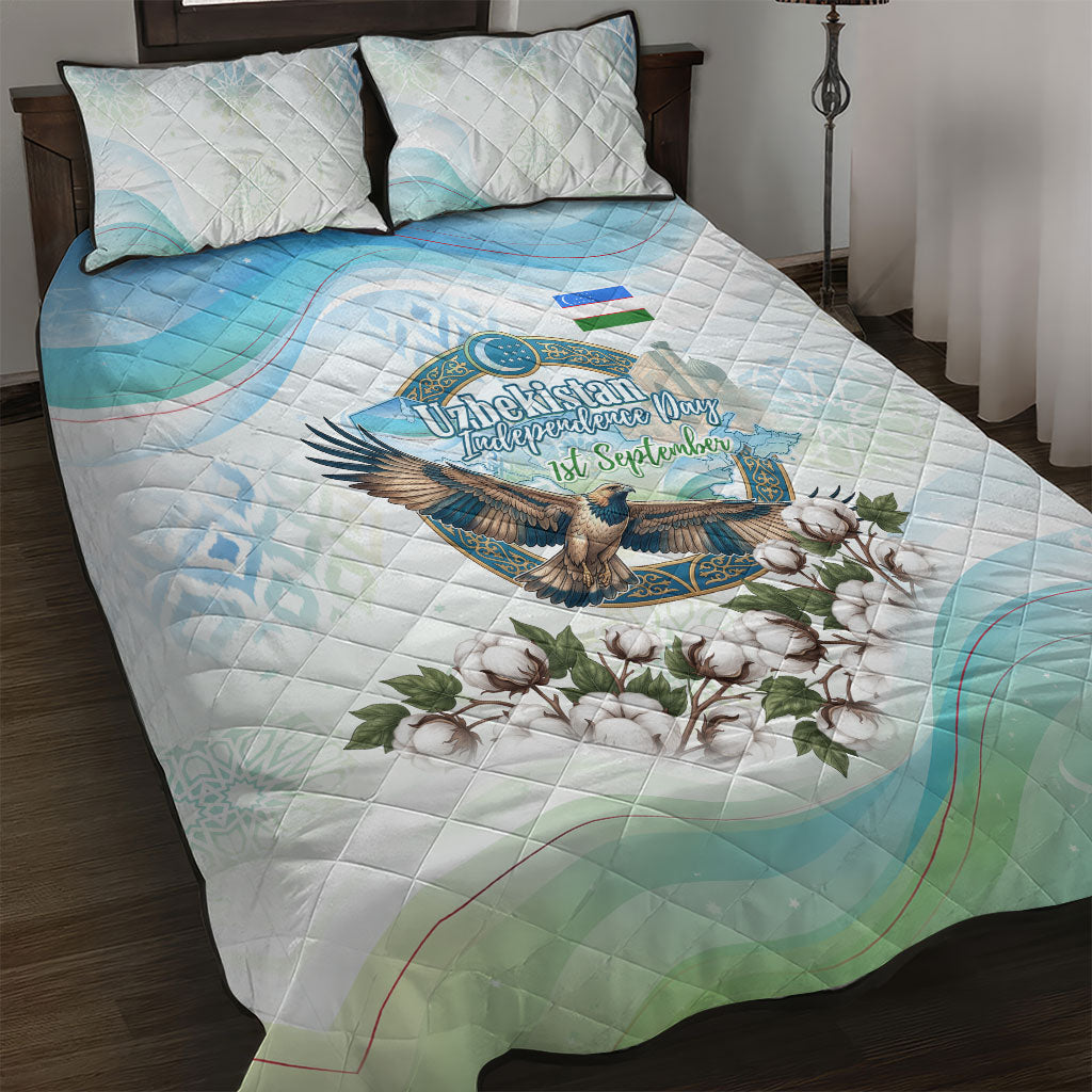 Uzbekistan Independence Day Quilt Bed Set Honor The Legacy Flying Eagle Plants National Emblem