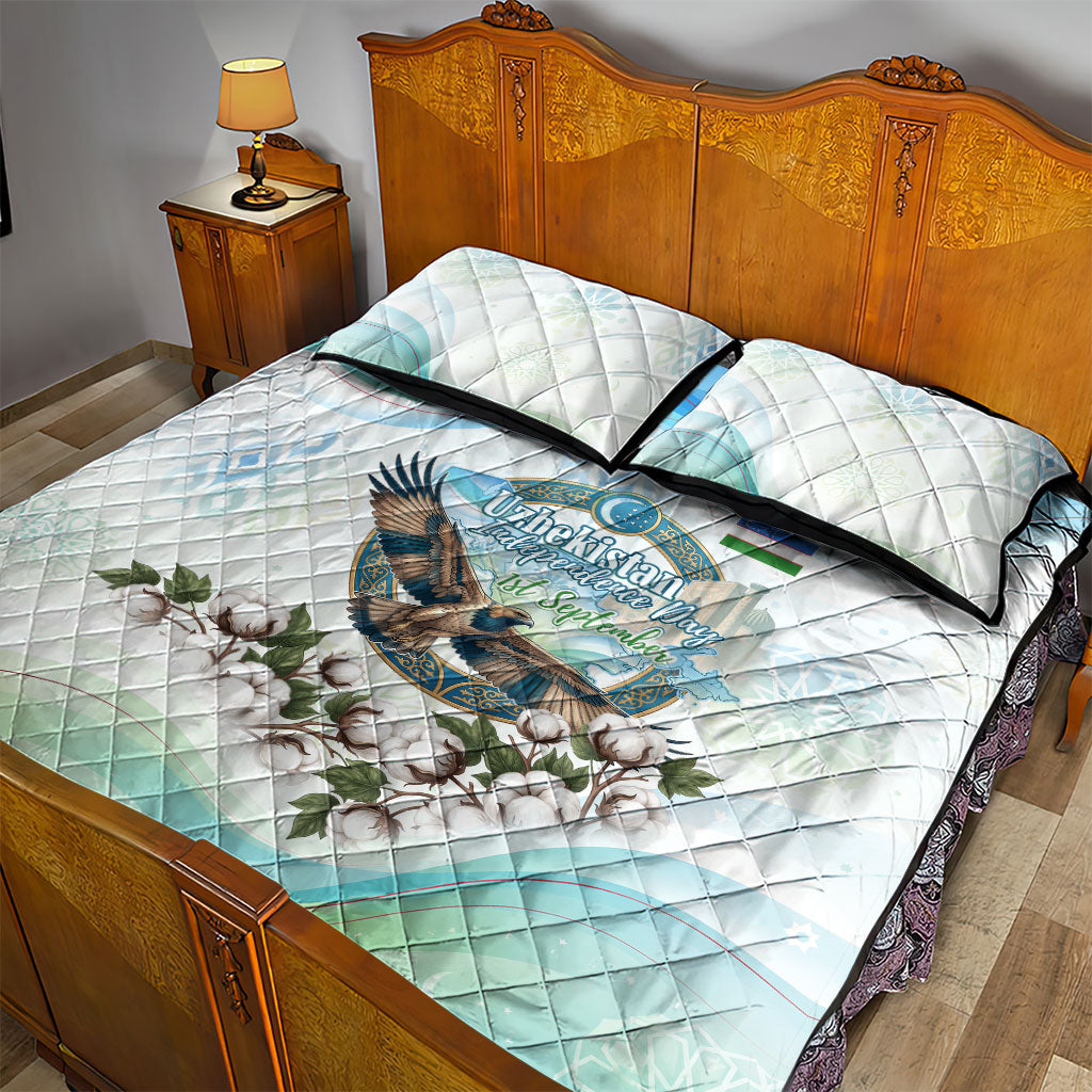 Uzbekistan Independence Day Quilt Bed Set Honor The Legacy Flying Eagle Plants National Emblem