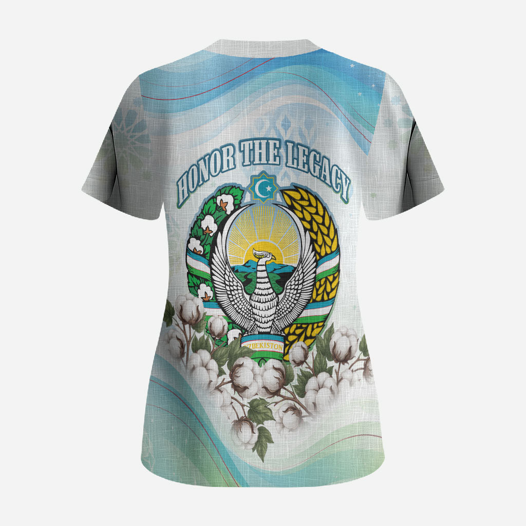 Uzbekistan Independence Day Scrub Top Honor The Legacy Flying Eagle Plants National Emblem