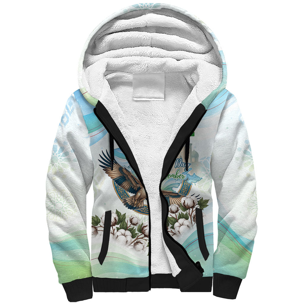 Uzbekistan Independence Day Sherpa Hoodie Honor The Legacy Flying Eagle Plants National Emblem