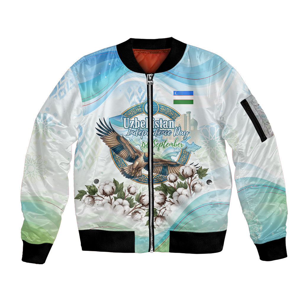 Uzbekistan Independence Day Sleeve Zip Bomber Jacket Honor The Legacy Flying Eagle Plants National Emblem
