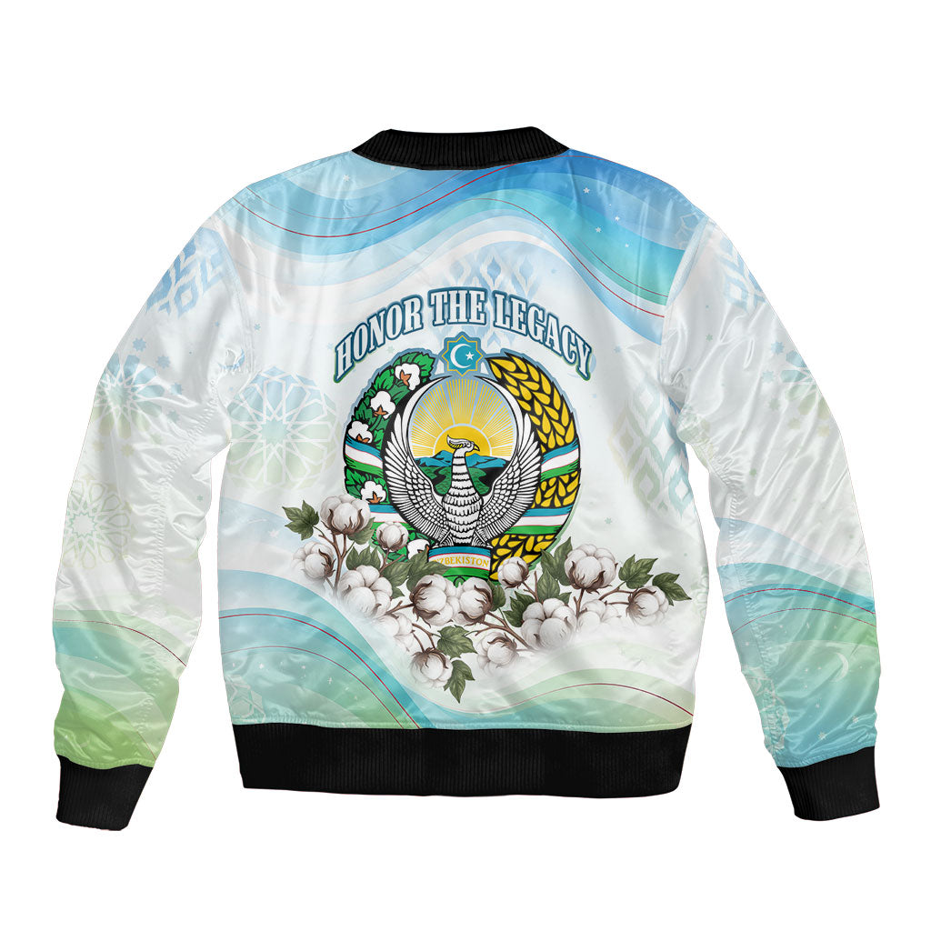 Uzbekistan Independence Day Sleeve Zip Bomber Jacket Honor The Legacy Flying Eagle Plants National Emblem